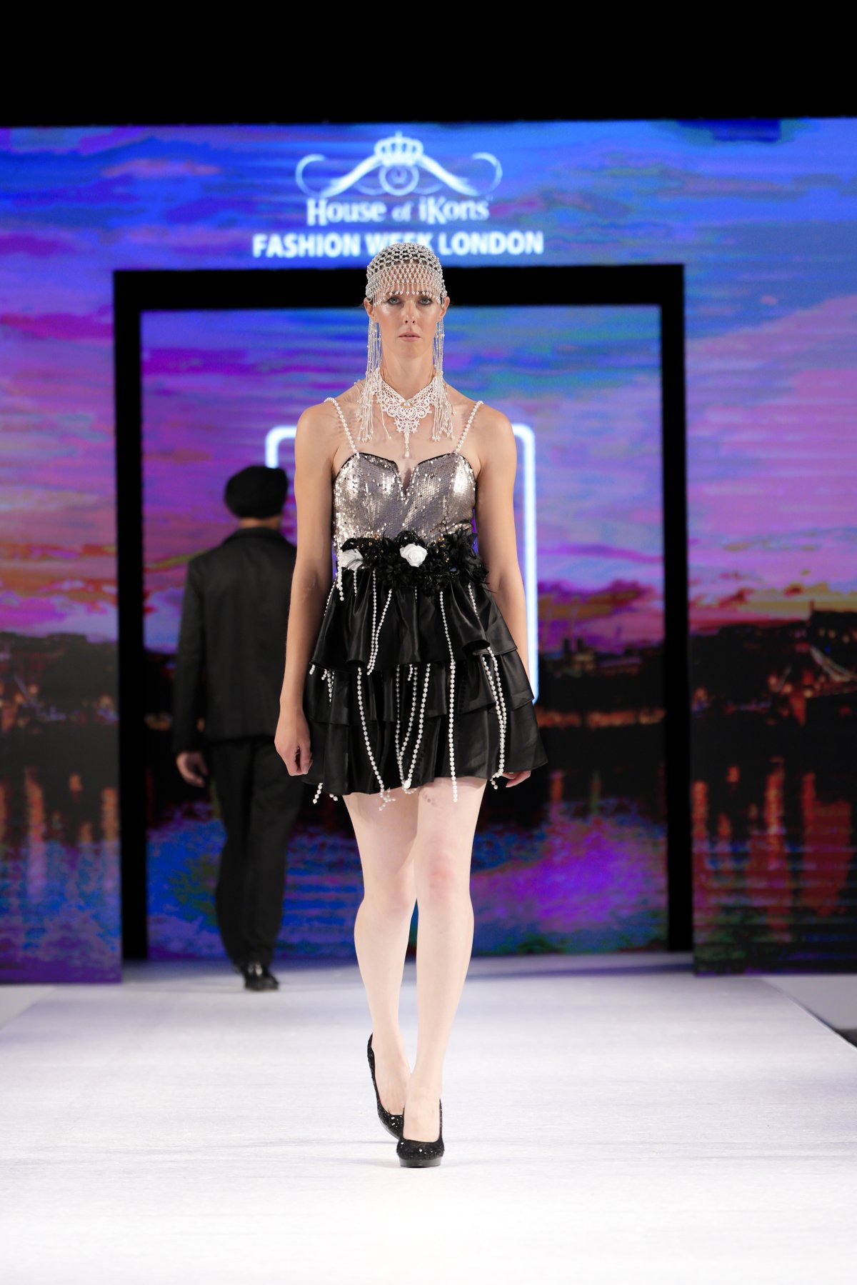 Silver bodice and pearl ruffle skirt, House of iKons Fashion Week London